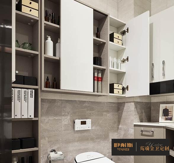 掛墻式浴室柜設(shè)計，精致的雕刻增添了優(yōu)雅和魅力。兩個開放式貨架解決“必備品”清單上的任何產(chǎn)品，存放和拿取都方便。